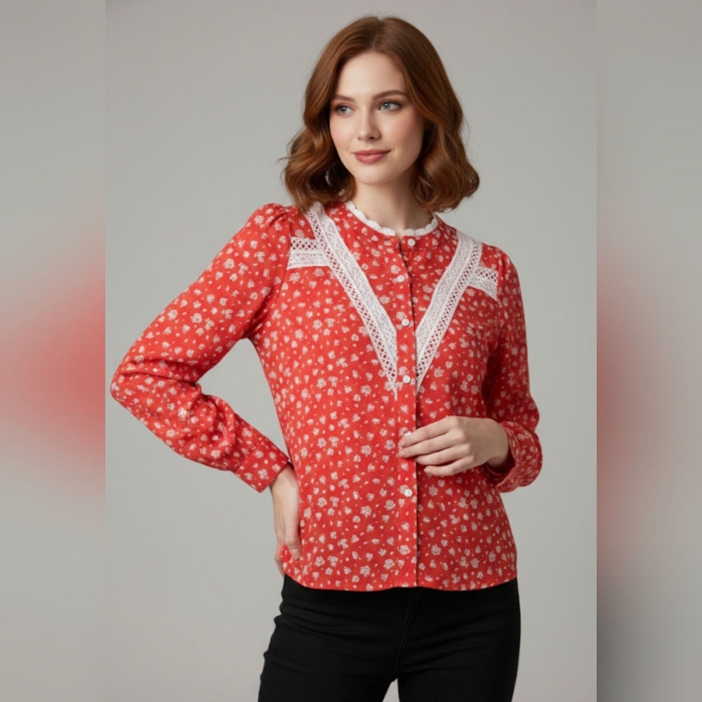 Floral Red Lace Trim Blouse Size S